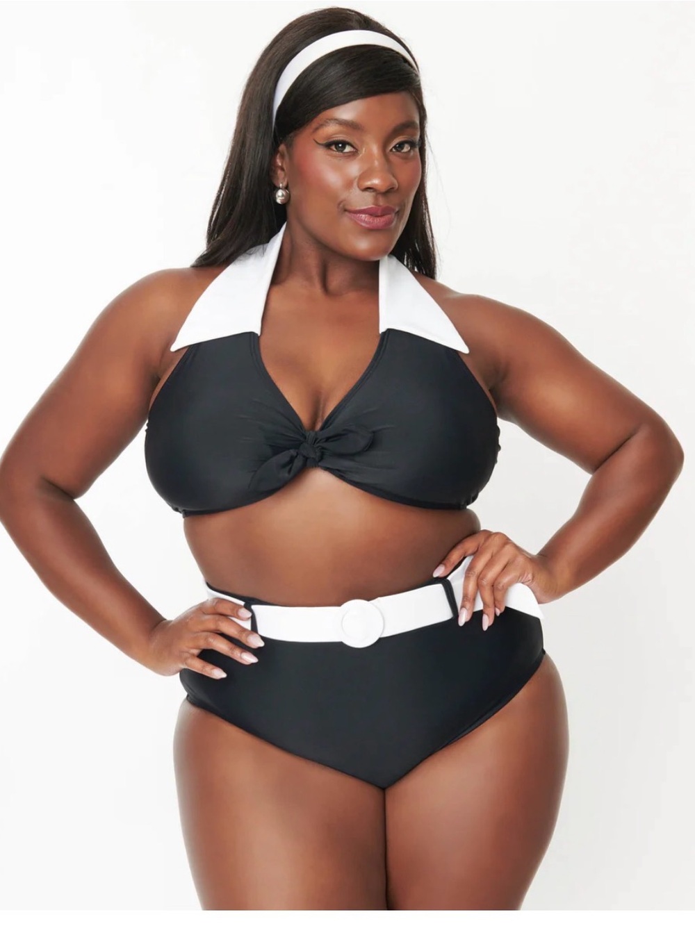 Unique Vintage Black & White Halter Bikini with Contrast Collar and Belt